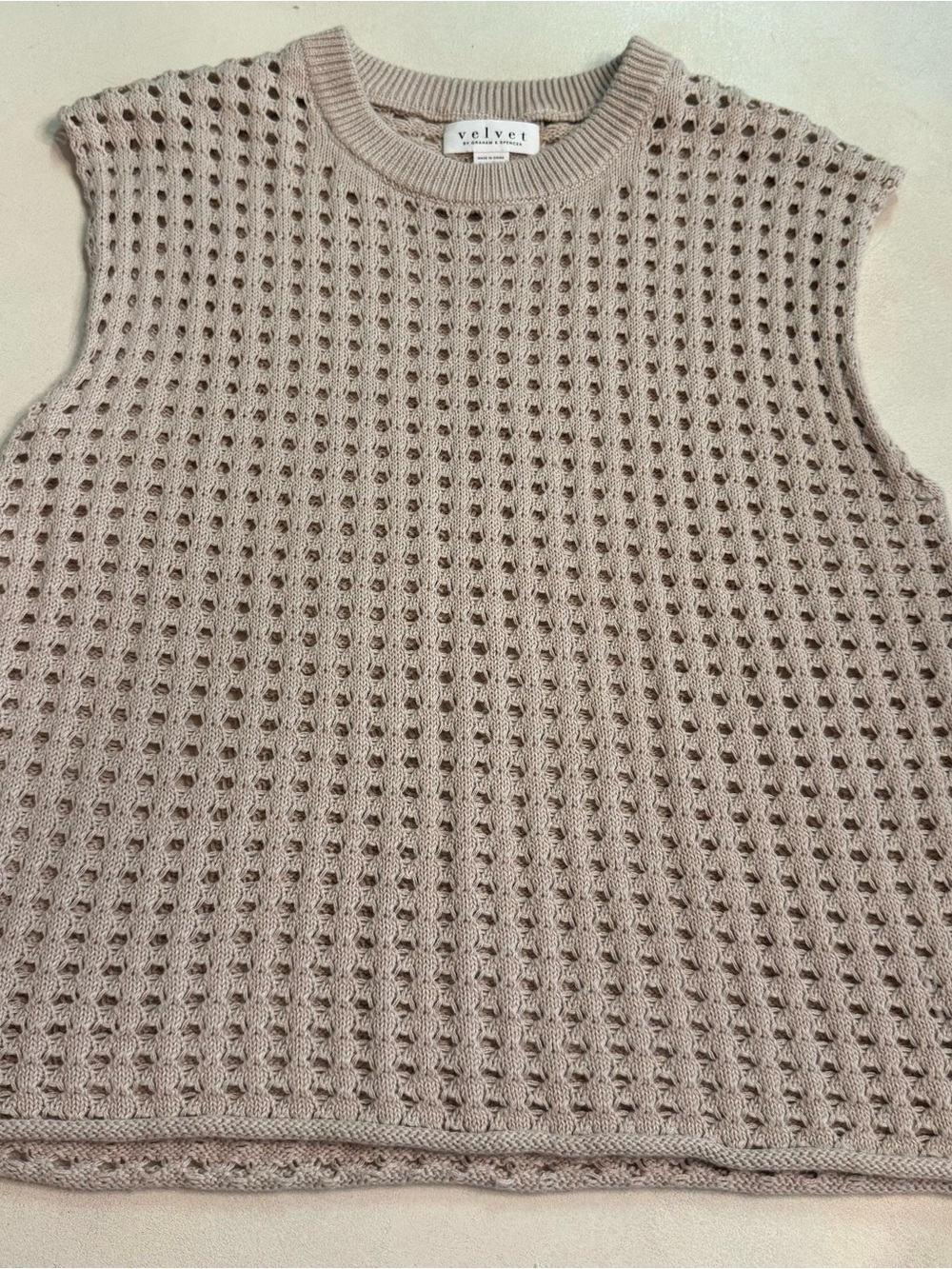 Velvet by Graham & Spencer Open-Knit Sleeveless Crew Sweater Vest in Beige